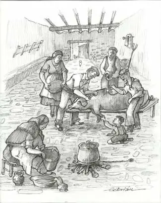 Ilustración a lápiz de una matanza tradicional